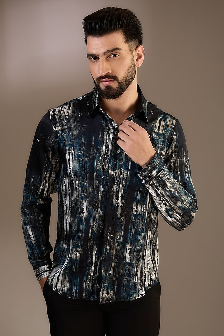 Olive Green Crepe Printed Shirt by Rohit Gandhi & Rahul Khanna Men