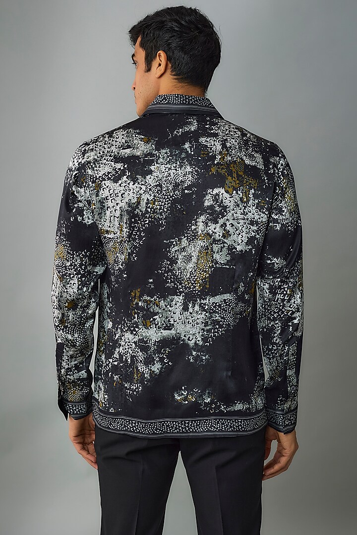 Black Silk Crepe Printed Wedding Shirt by Rohit Gandhi & Rahul Khanna Men at Pernia's Pop Up Shop