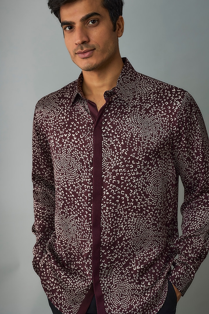 Maroon Viscose Digital Printed Wedding Shirt by Rohit Gandhi & Rahul Khanna Men at Pernia's Pop Up Shop