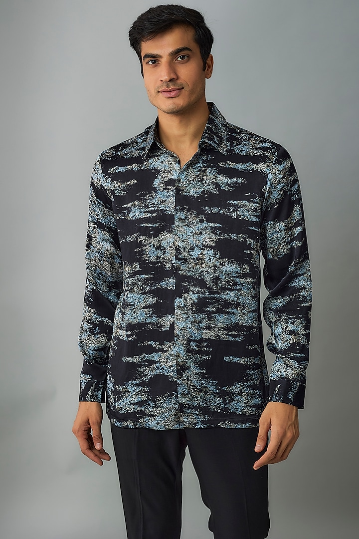 Blue Silk Crepe Printed Shirt by Rohit Gandhi & Rahul Khanna Men