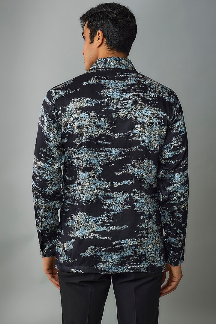 Blue Silk Crepe Printed Wedding Shirt by Rohit Gandhi & Rahul Khanna Men at Pernia's Pop Up Shop