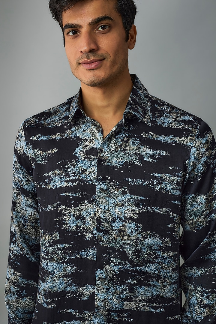 Blue Silk Crepe Printed Wedding Shirt by Rohit Gandhi & Rahul Khanna Men at Pernia's Pop Up Shop