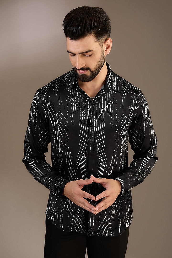 Black Cotton Printed Shirt by Rohit Gandhi & Rahul Khanna Men