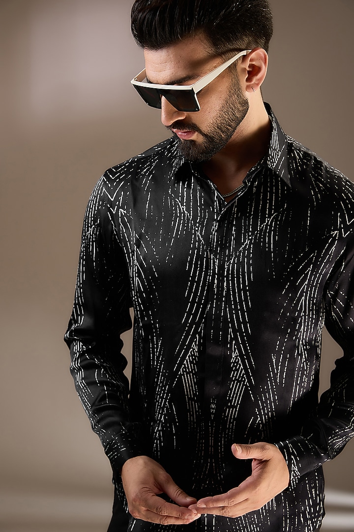 Black Cotton Printed Wedding Shirt by Rohit Gandhi & Rahul Khanna Men at Pernia's Pop Up Shop