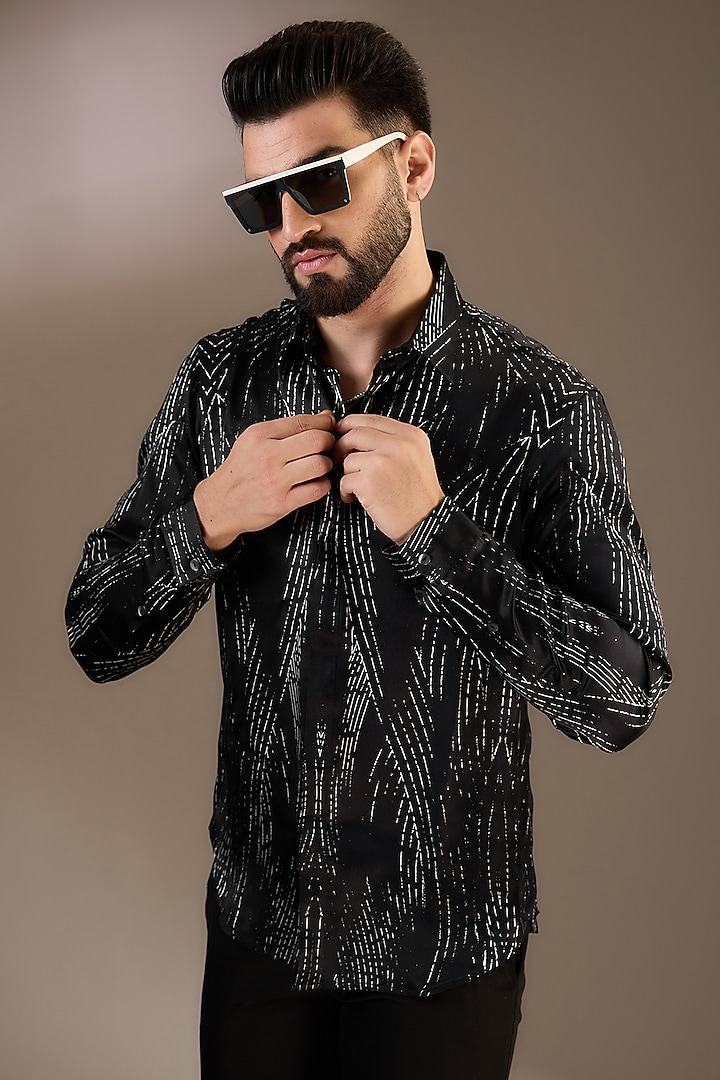 Black Cotton Printed Wedding Shirt by Rohit Gandhi & Rahul Khanna Men at Pernia's Pop Up Shop