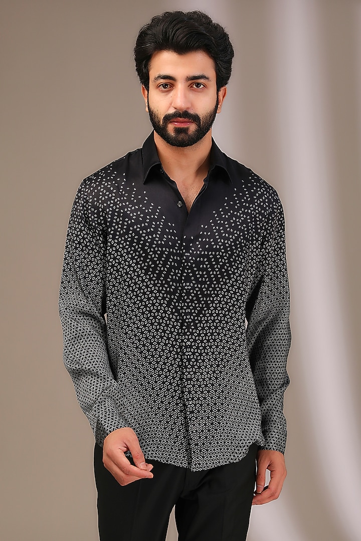 Black Silk Printed Supernova Wedding Shirt by Rohit Gandhi & Rahul Khanna Men at Pernia's Pop Up Shop