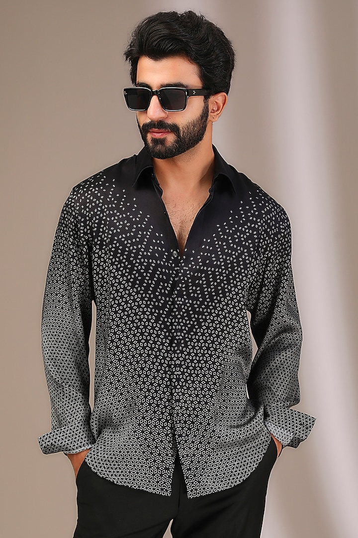 Black Silk Printed Supernova Wedding Shirt by Rohit Gandhi & Rahul Khanna Men at Pernia's Pop Up Shop