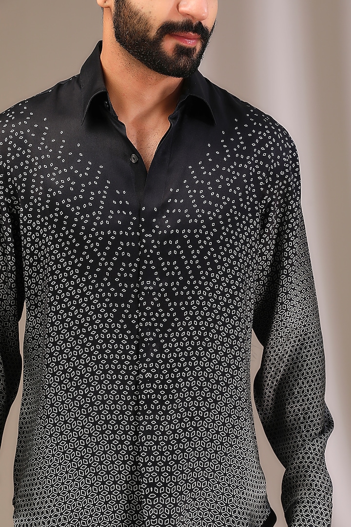 Black Silk Printed Supernova Wedding Shirt by Rohit Gandhi & Rahul Khanna Men at Pernia's Pop Up Shop