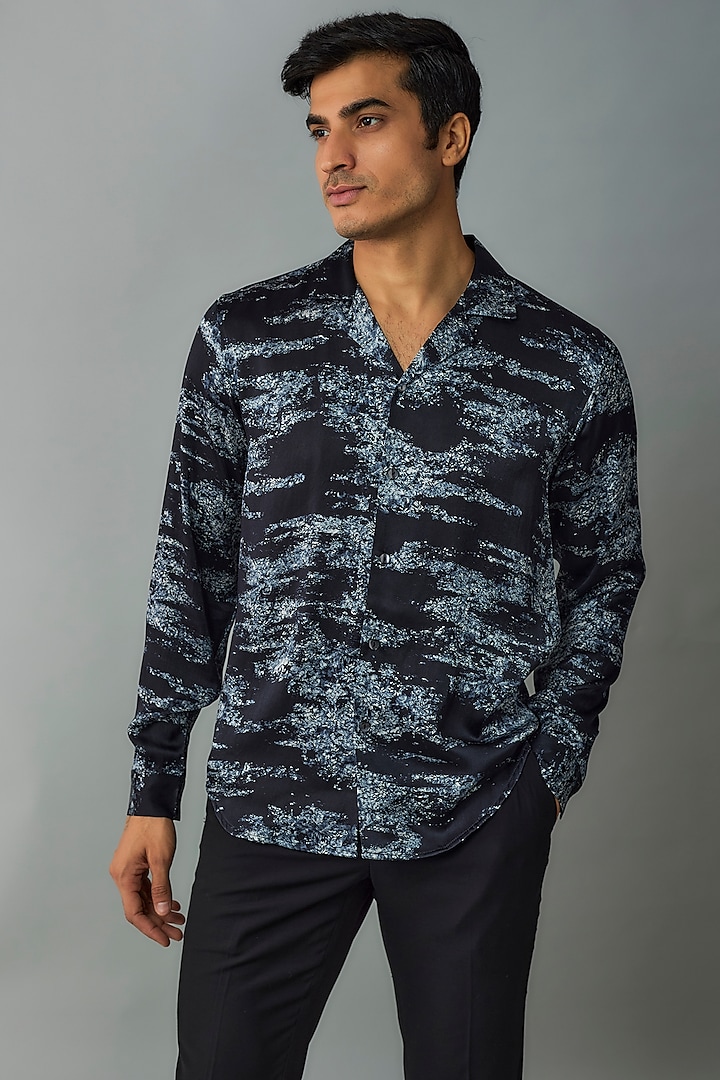 Blue Silk Crepe Printed Shirt by Rohit Gandhi & Rahul Khanna Men