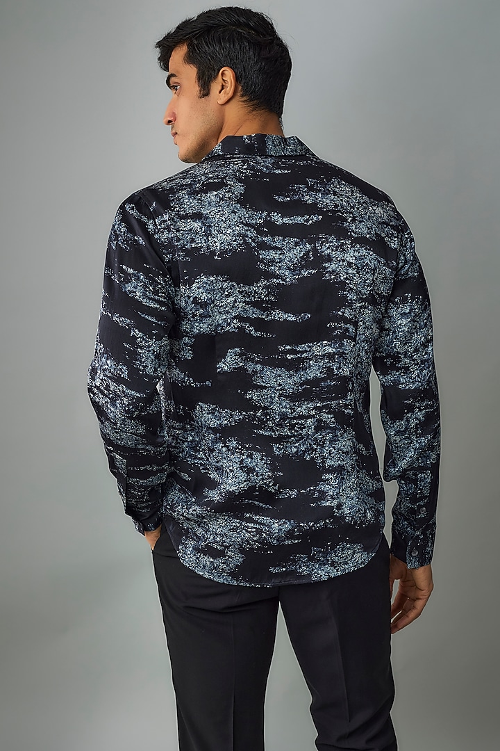 Blue Silk Crepe Printed Wedding Shirt by Rohit Gandhi & Rahul Khanna Men at Pernia's Pop Up Shop