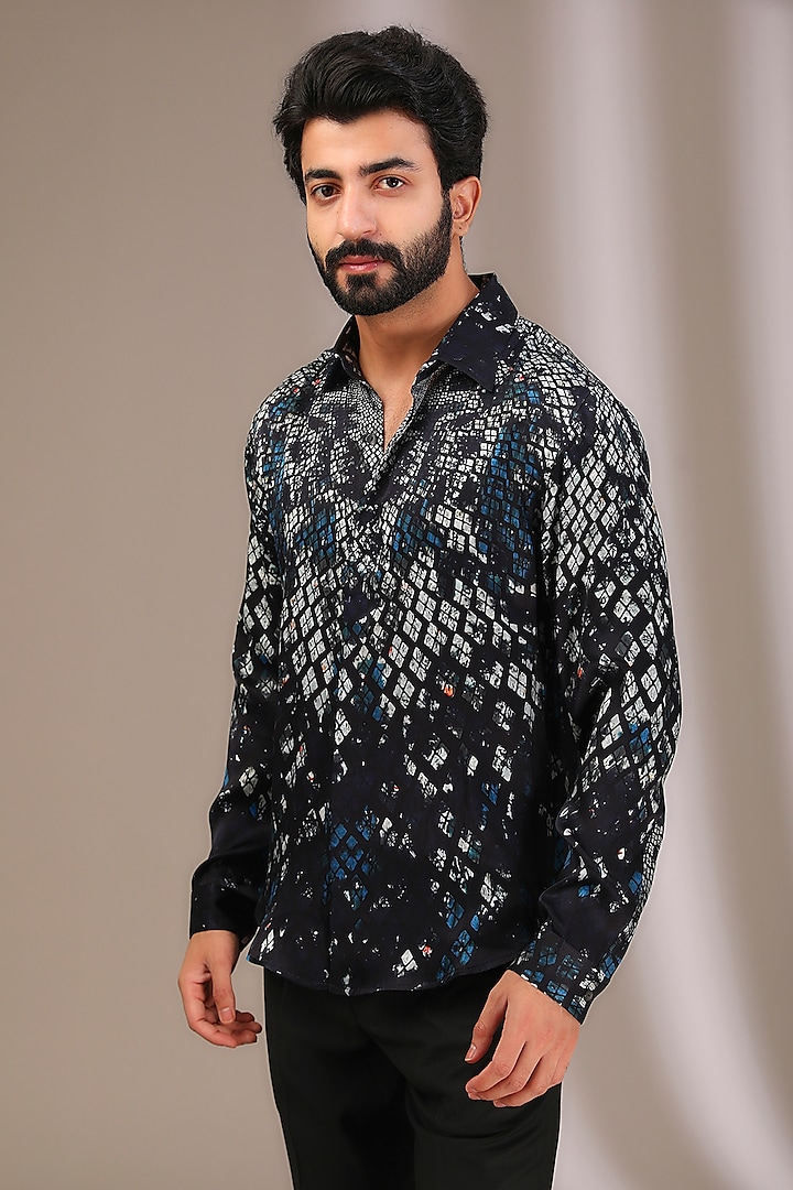 Blue Linen Printed Shirt by Rohit Gandhi & Rahul Khanna Men