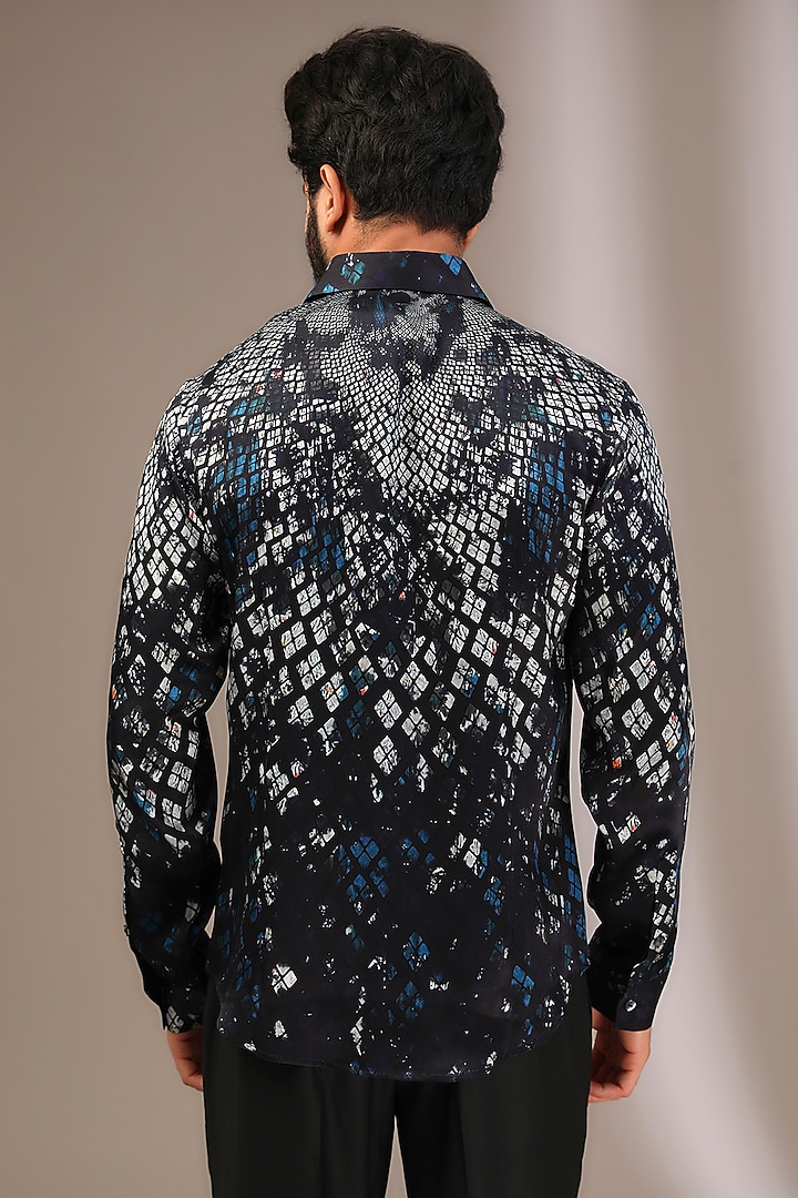 Blue Linen Printed Wedding Shirt by Rohit Gandhi & Rahul Khanna Men at Pernia's Pop Up Shop