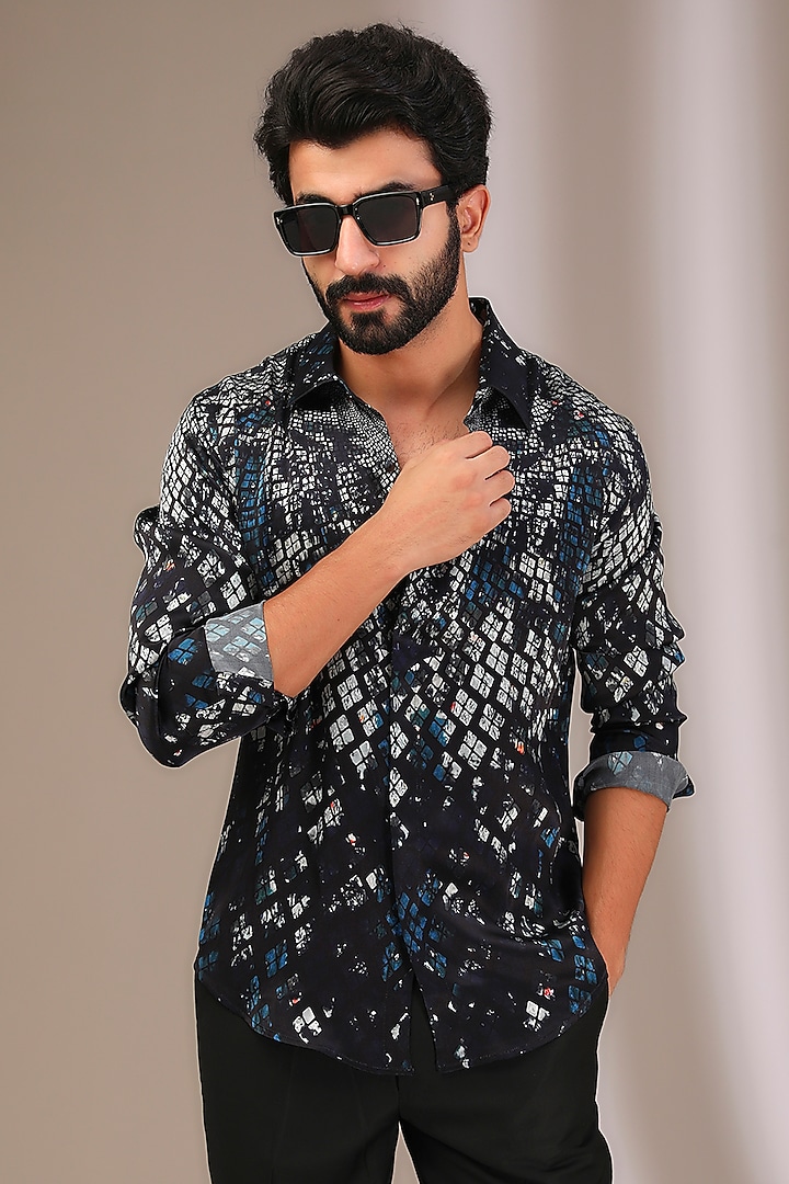 Blue Linen Printed Wedding Shirt by Rohit Gandhi & Rahul Khanna Men at Pernia's Pop Up Shop