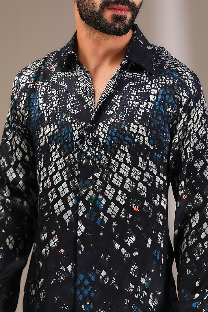Blue Linen Printed Wedding Shirt by Rohit Gandhi & Rahul Khanna Men at Pernia's Pop Up Shop