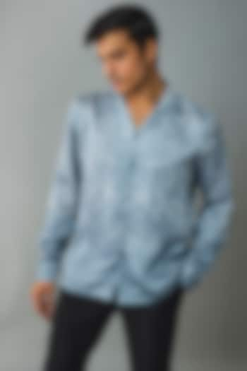 Ice Blue Linen Printed Shirt by Rohit Gandhi & Rahul Khanna Men