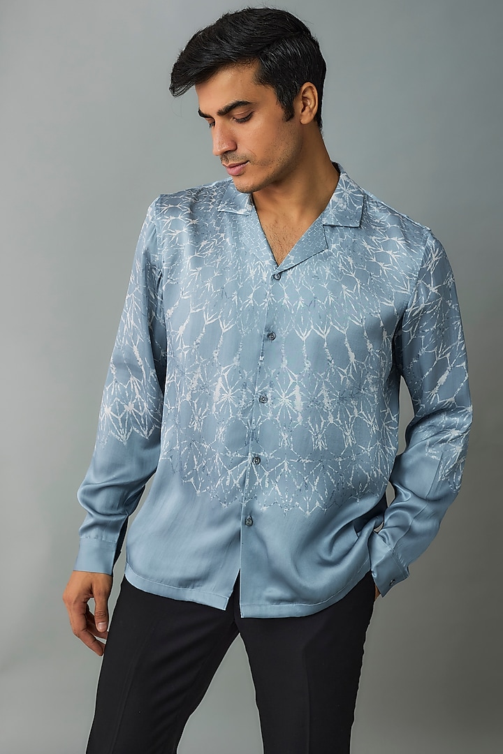 Ice Blue Linen Printed Shirt by Rohit Gandhi & Rahul Khanna Men