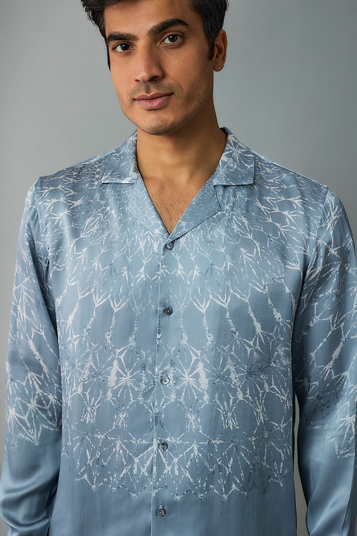 Ice Blue Linen Printed Wedding Shirt by Rohit Gandhi & Rahul Khanna Men at Pernia's Pop Up Shop