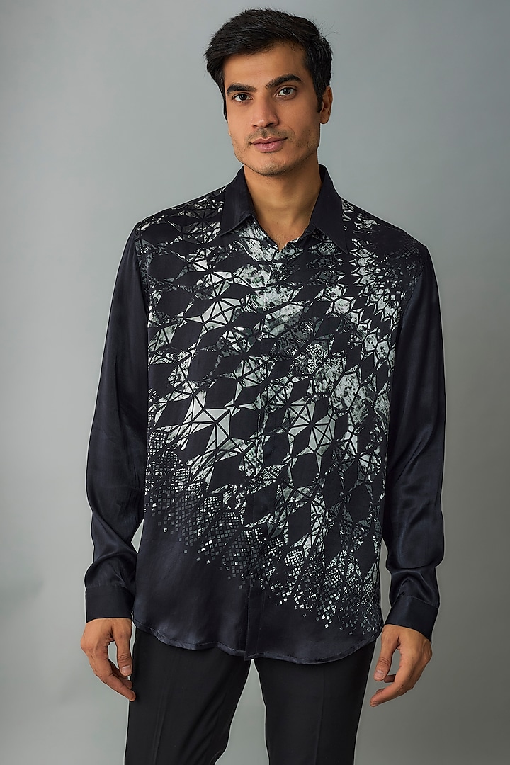 Black Silk Crepe Asymmetrical Printed Shirt by Rohit Gandhi & Rahul Khanna Men