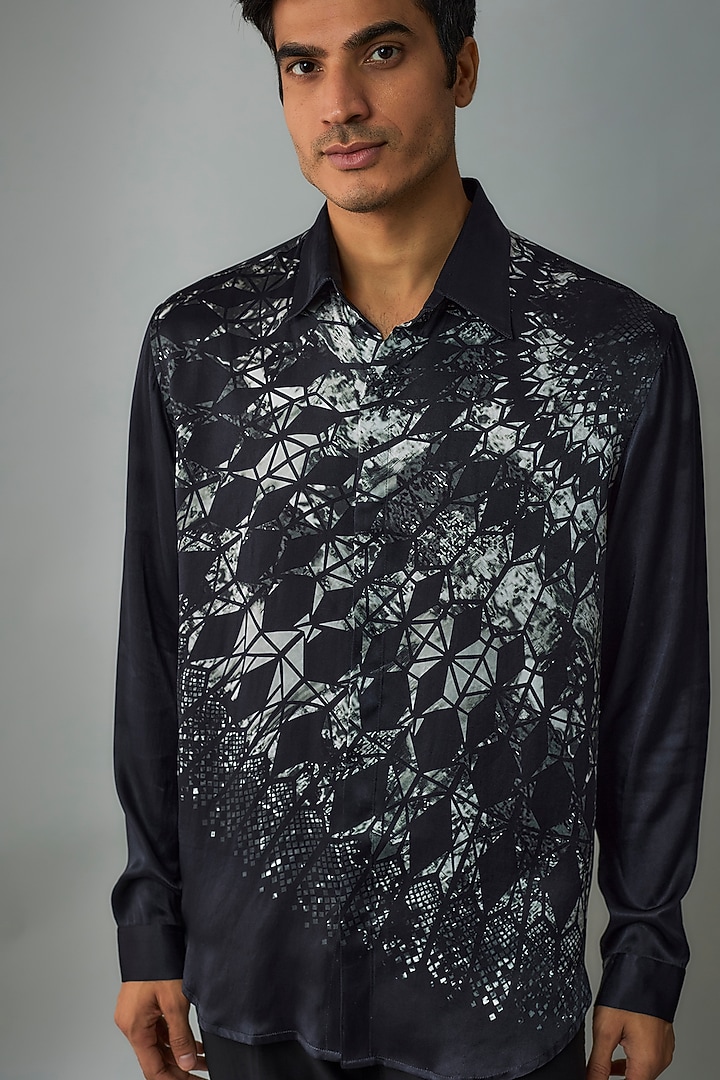 Black Silk Crepe Asymmetrical Printed Wedding Shirt by Rohit Gandhi & Rahul Khanna Men at Pernia's Pop Up Shop
