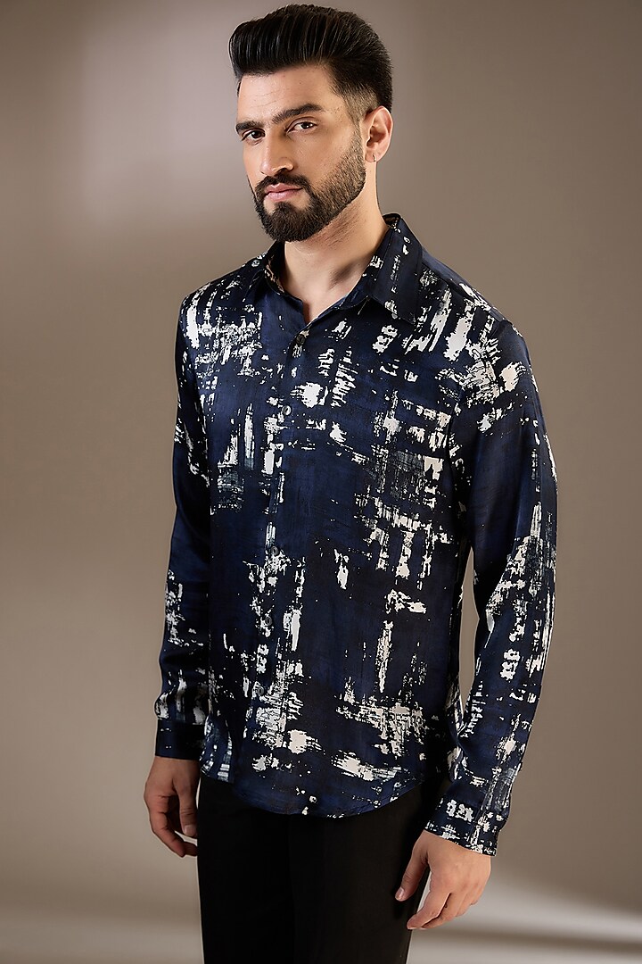 Midnight Blue Silk Printed Shirt by Rohit Gandhi & Rahul Khanna Men