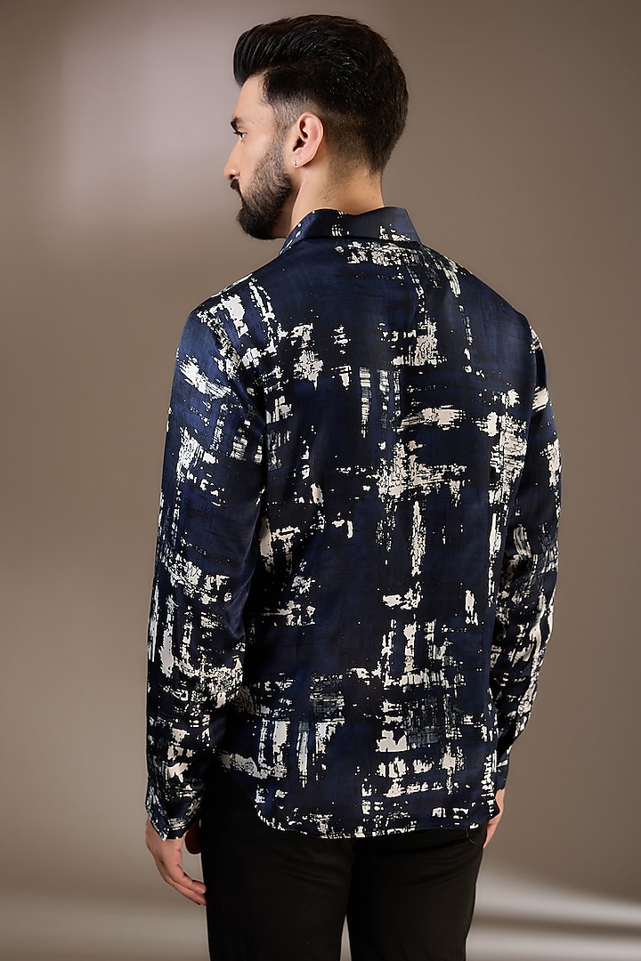 Midnight Blue Silk Printed Wedding Shirt by Rohit Gandhi & Rahul Khanna Men at Pernia's Pop Up Shop