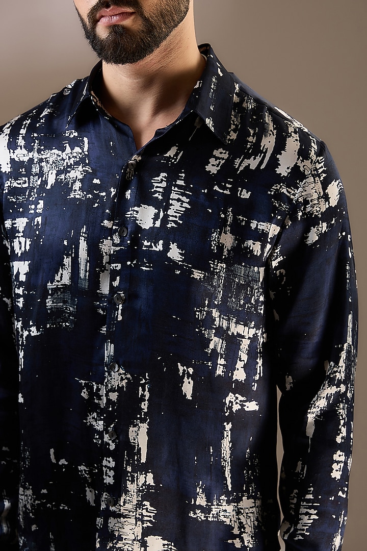 Midnight Blue Silk Printed Wedding Shirt by Rohit Gandhi & Rahul Khanna Men at Pernia's Pop Up Shop