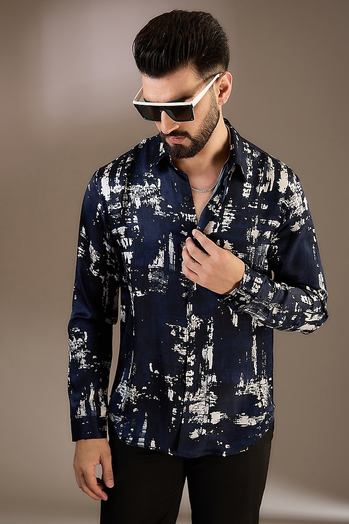 Midnight Blue Silk Printed Wedding Shirt by Rohit Gandhi & Rahul Khanna Men at Pernia's Pop Up Shop