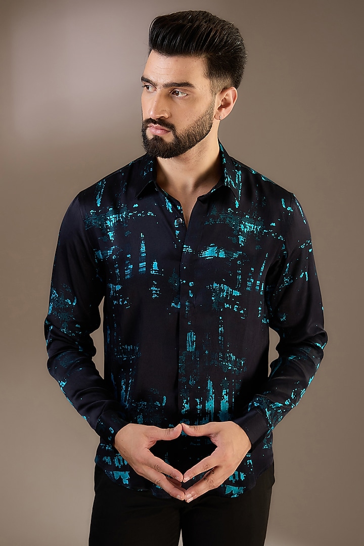 Black Silk Printed Shirt by Rohit Gandhi & Rahul Khanna Men