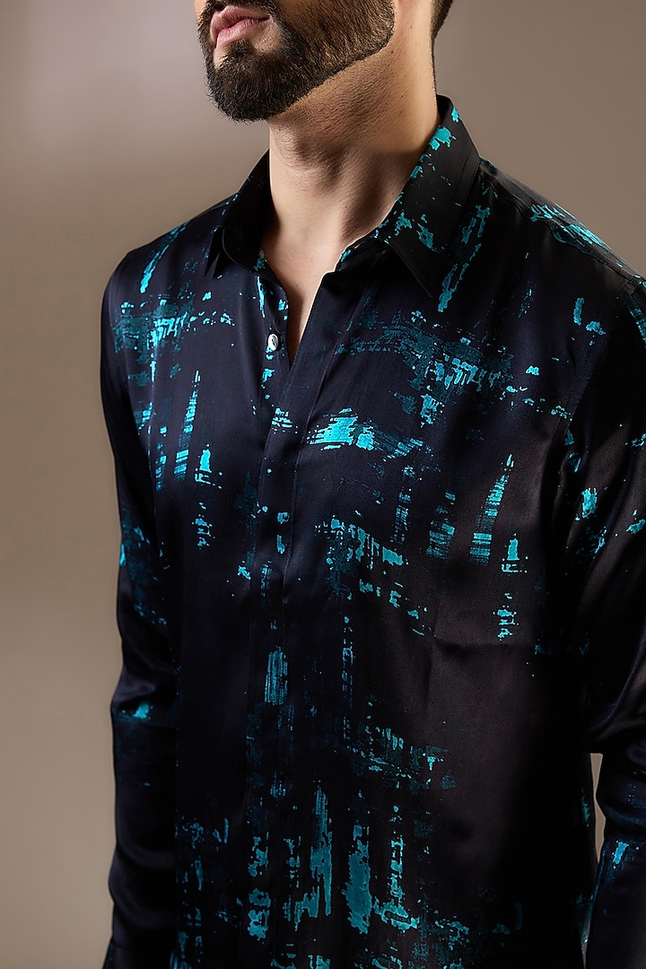 Black Silk Printed Wedding Shirt by Rohit Gandhi & Rahul Khanna Men at Pernia's Pop Up Shop