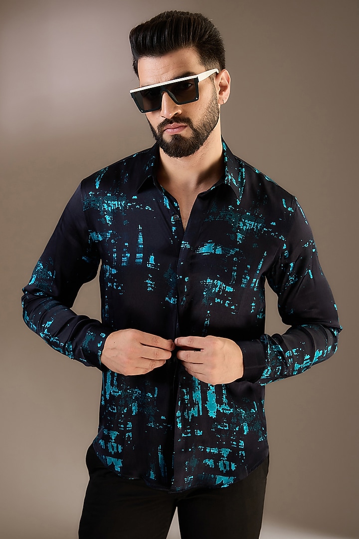 Black Silk Printed Wedding Shirt by Rohit Gandhi & Rahul Khanna Men at Pernia's Pop Up Shop