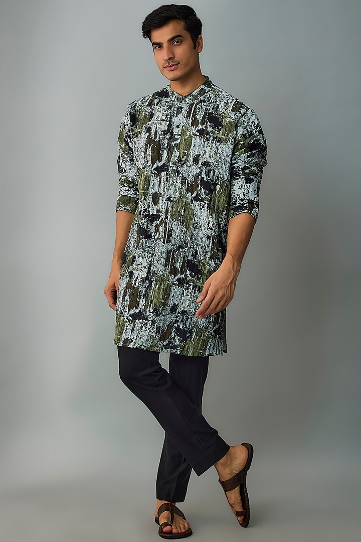 Olive Silk Printed Kurta by Rohit Gandhi & Rahul Khanna Men at Pernia's Pop Up Shop