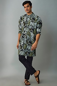Olive Silk Printed Kurta by Rohit Gandhi & Rahul Khanna Men at Pernia's ...