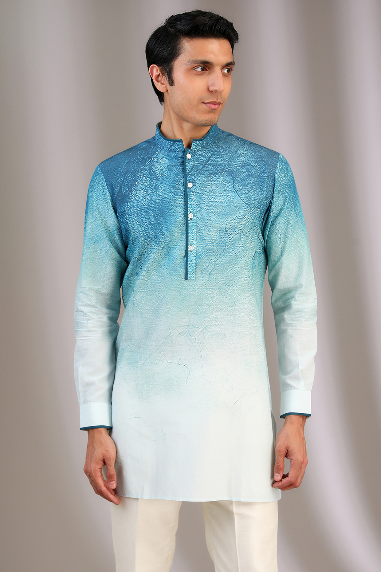 Blue Ombre Gusted Cotton Kurta by Rohit Gandhi & Rahul Khanna Men