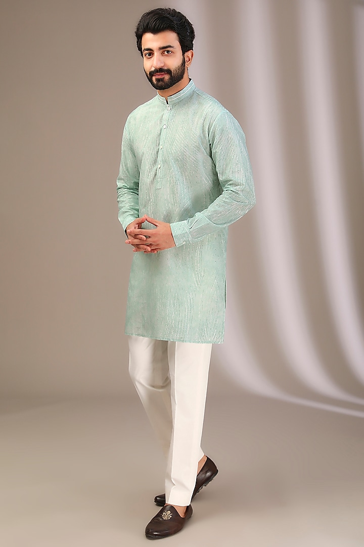 Ice Blue Cotton Printed Kurta by Rohit Gandhi & Rahul Khanna Men