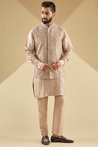 Ecru Dupion Silk Embroidered Nehru Jacket by Rohit Gandhi & Rahul Khanna Men