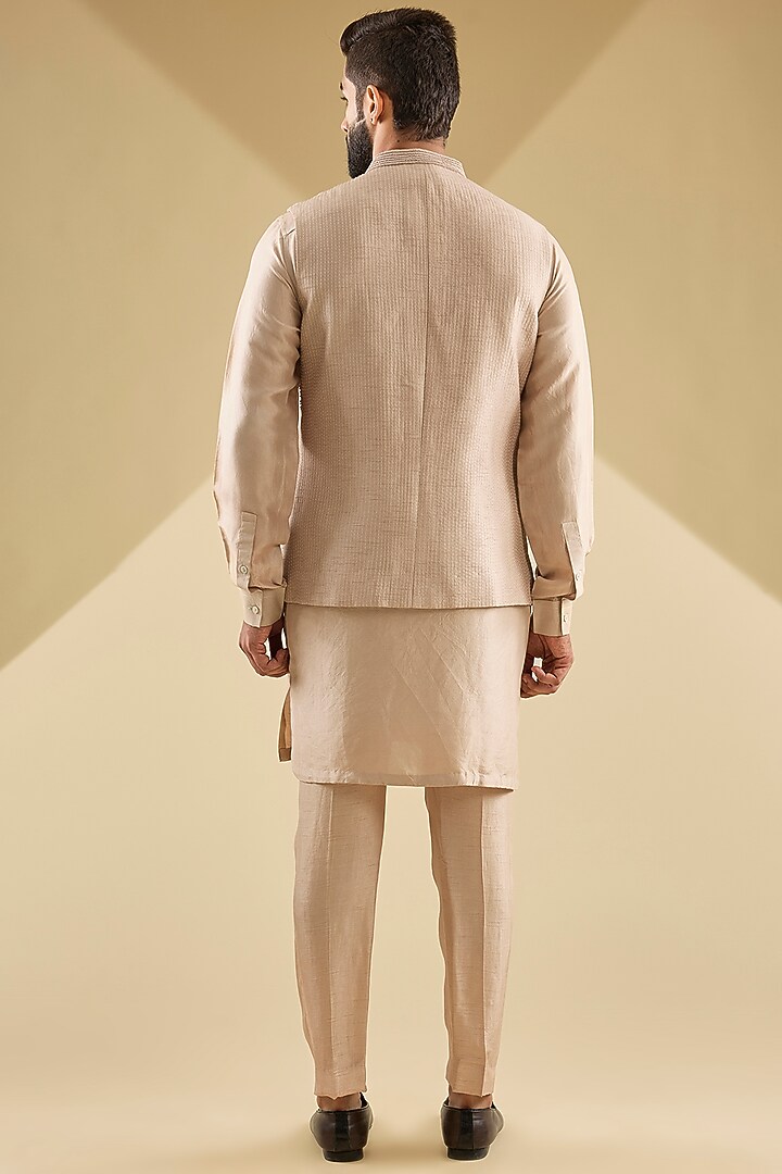 Ecru Dupion Silk Embroidered Nehru Jacket by Rohit Gandhi & Rahul Khanna Men at Pernia's Pop Up Shop