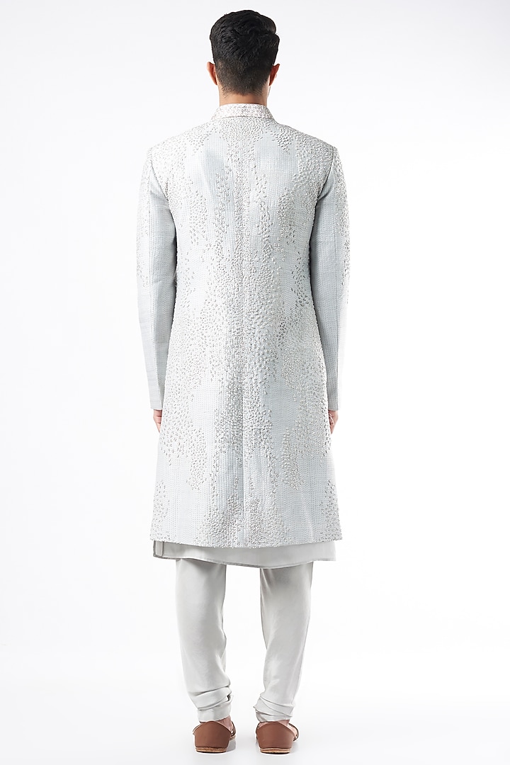 Ice Grey Hand Embroidered Groom Sherwani Set by Rohit Gandhi & Rahul Khanna Men at Pernia's Pop Up Shop
