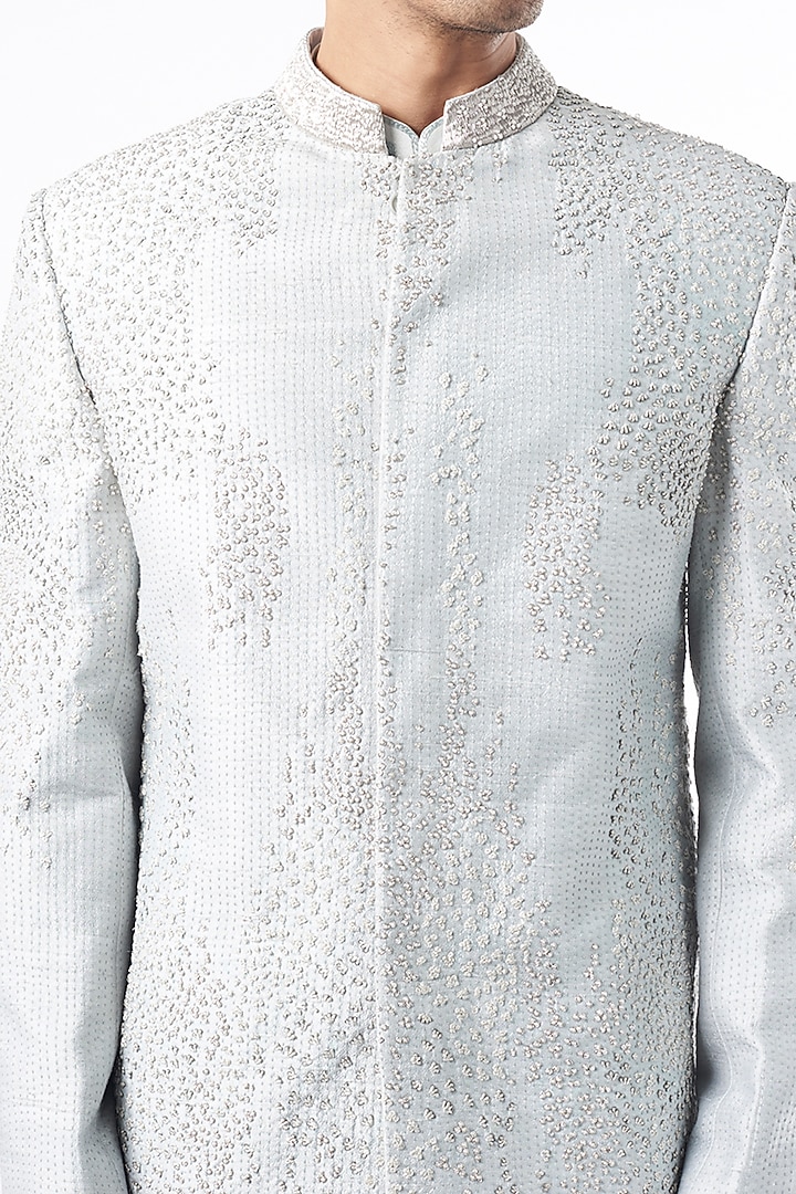 Ice Grey Hand Embroidered Groom Sherwani Set by Rohit Gandhi & Rahul Khanna Men at Pernia's Pop Up Shop
