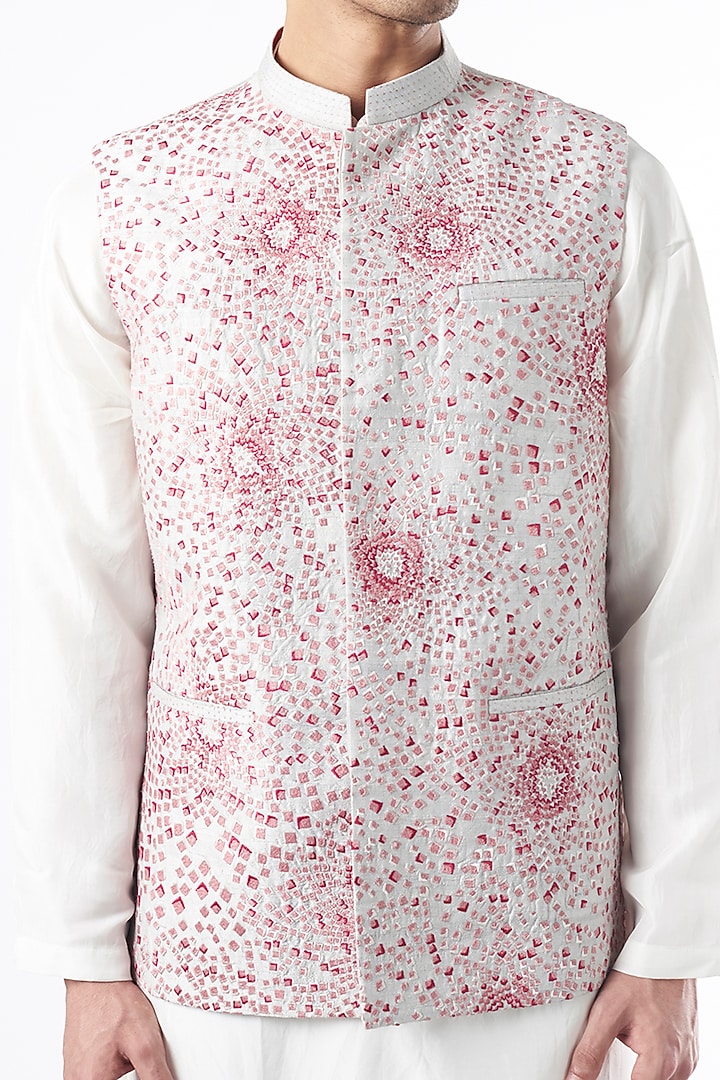 Artic Blue Raw Silk Thread Embroidered Bundi Jacket by Rohit Gandhi & Rahul Khanna Men at Pernia's Pop Up Shop
