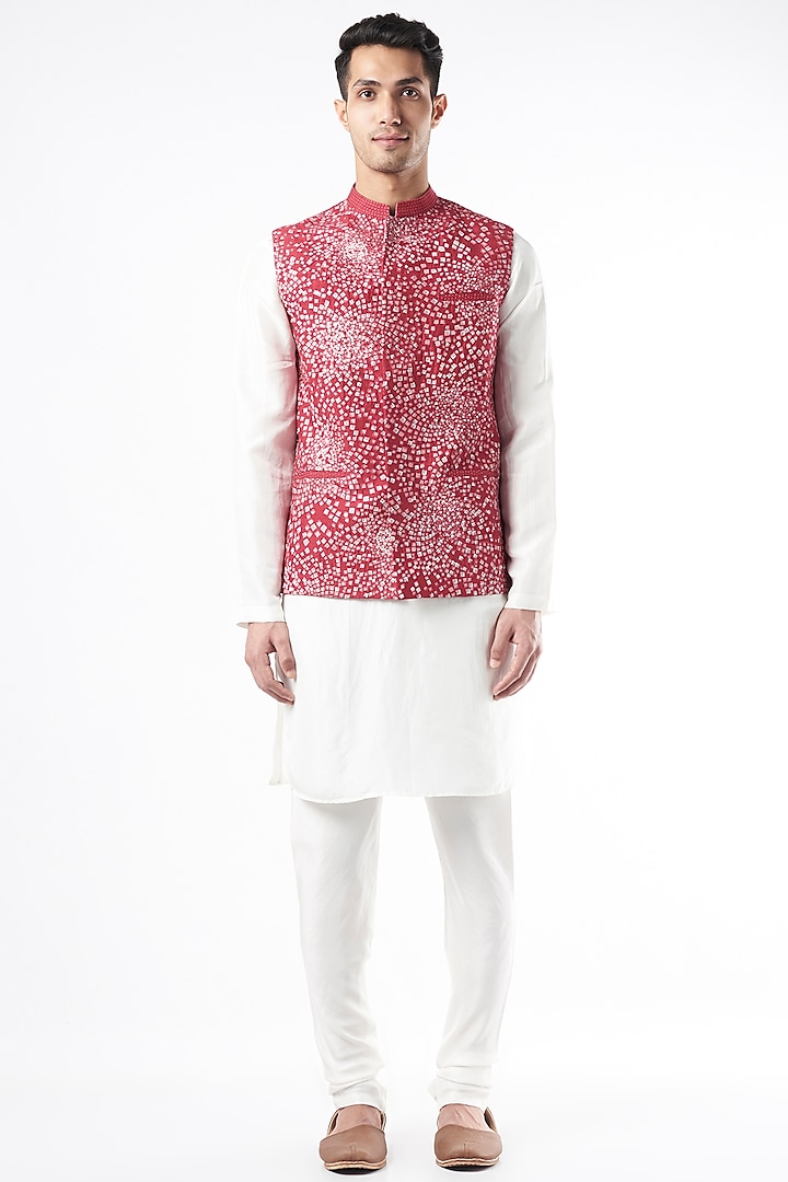 Aster Pink Embroidered Bundi Jacket by Rohit Gandhi & Rahul Khanna Men