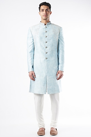 Aqua Embroidered Sherwani Set by Rohit Gandhi & Rahul Khanna Men
