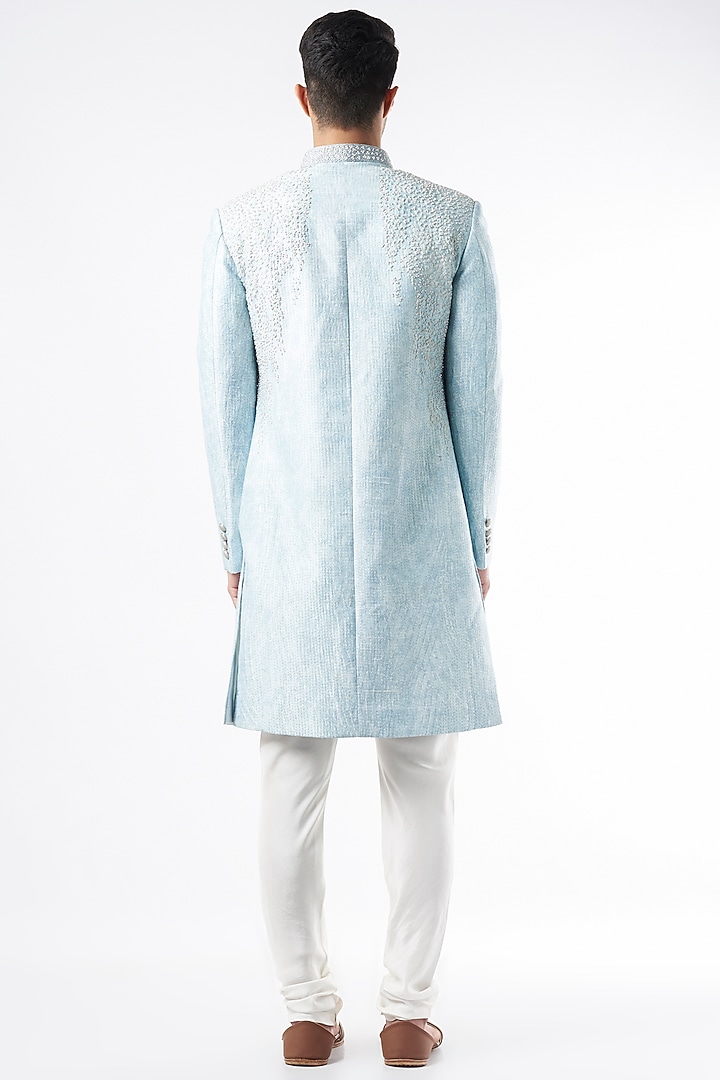 Aqua Embroidered Groom Sherwani Set by Rohit Gandhi & Rahul Khanna Men at Pernia's Pop Up Shop