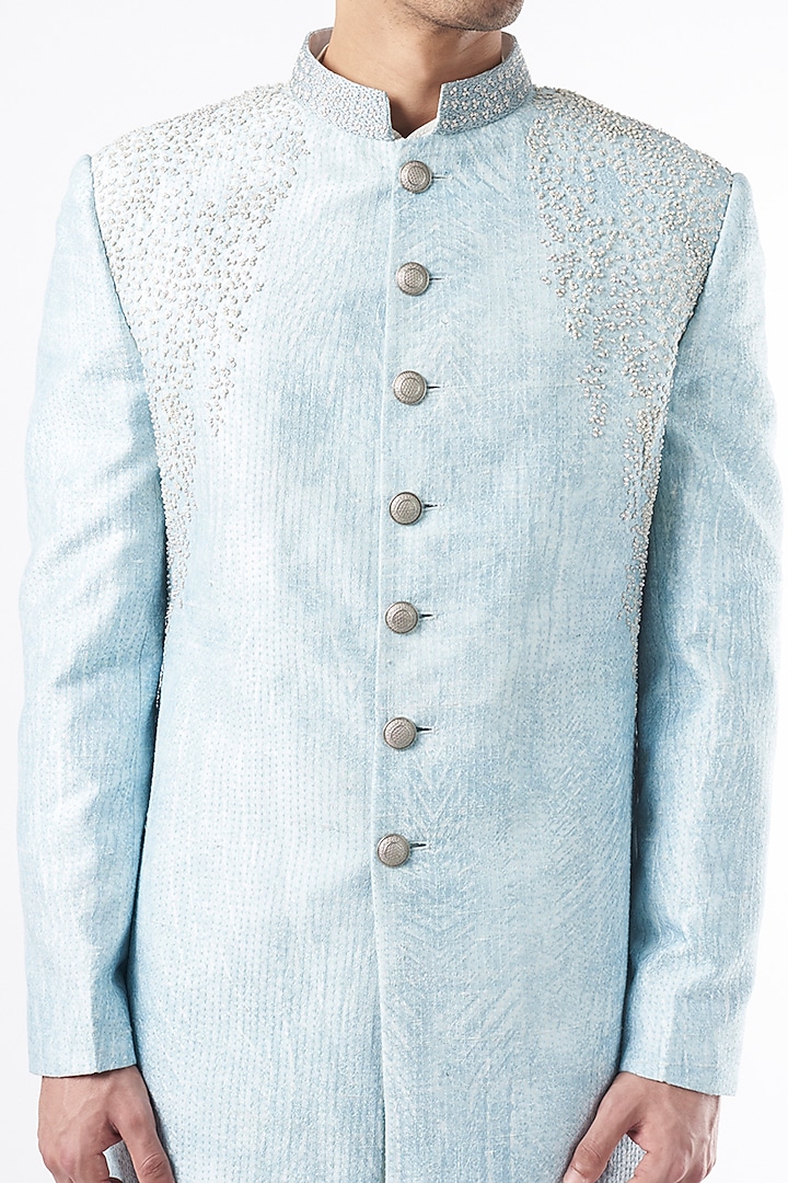 Aqua Embroidered Groom Sherwani Set by Rohit Gandhi & Rahul Khanna Men at Pernia's Pop Up Shop