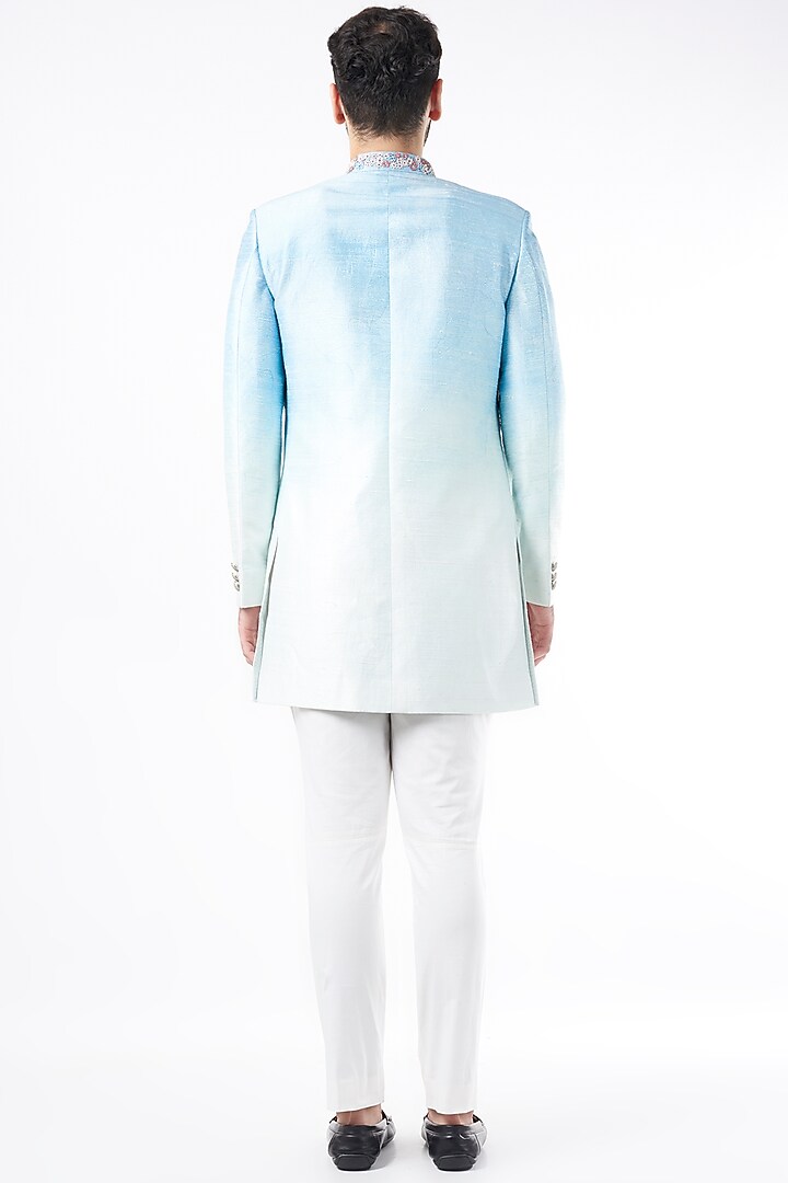 Powder Blue Silk Thread Embroidered Groom Sherwani Set by Rohit Gandhi & Rahul Khanna Men at Pernia's Pop Up Shop