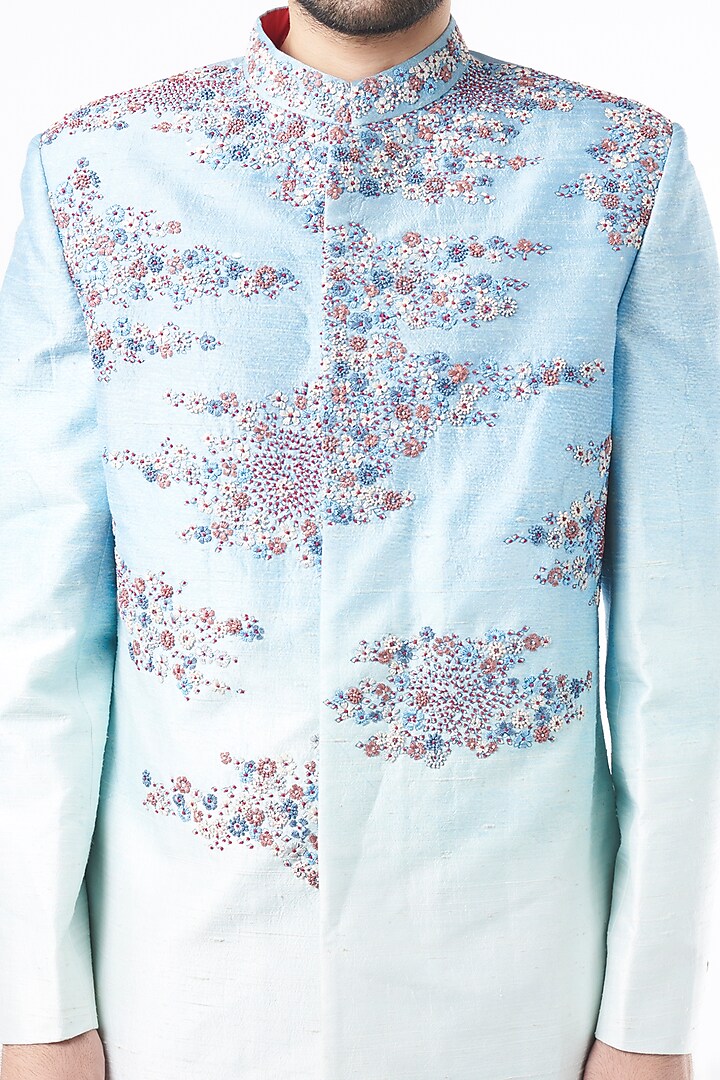 Powder Blue Silk Thread Embroidered Groom Sherwani Set by Rohit Gandhi & Rahul Khanna Men at Pernia's Pop Up Shop