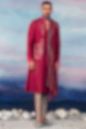 Tomato Red Viscose Dupion Metallic Sequins Embroidered Bundi Jacket Set by Rohit Gandhi & Rahul Khanna Men at Pernia's Pop Up Shop