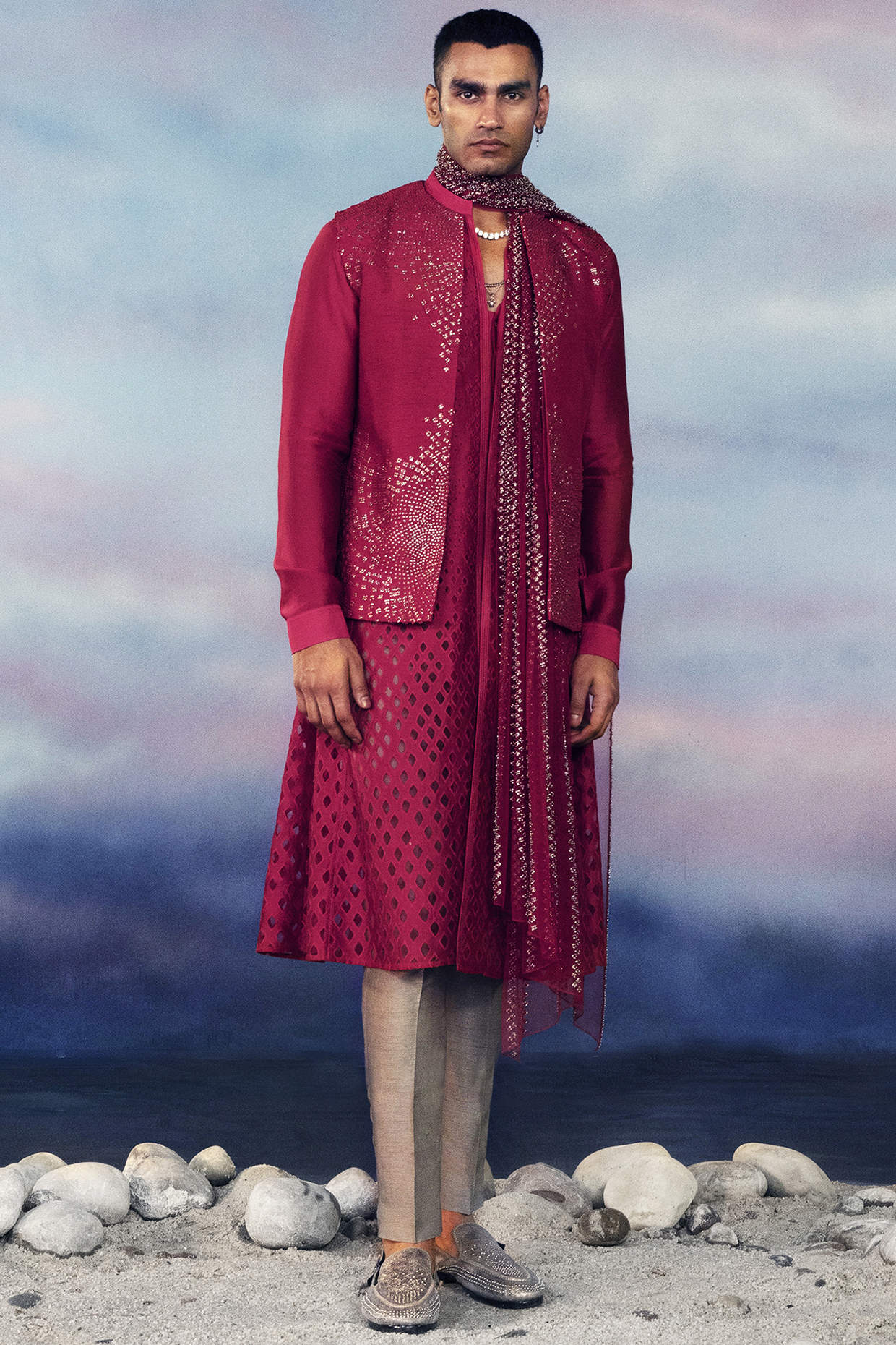 Tomato Red Viscose Dupion Metallic Sequins Embroidered Bundi Jacket Set by Rohit Gandhi & Rahul Khanna Men at Pernia's Pop Up Shop