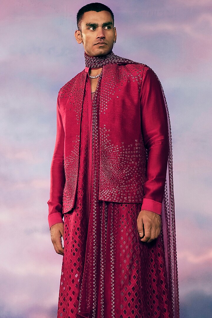 Tomato Red Viscose Dupion Embroidered Bundi Jacket With Kurta by Rohit Gandhi & Rahul Khanna Men at Pernia's Pop Up Shop