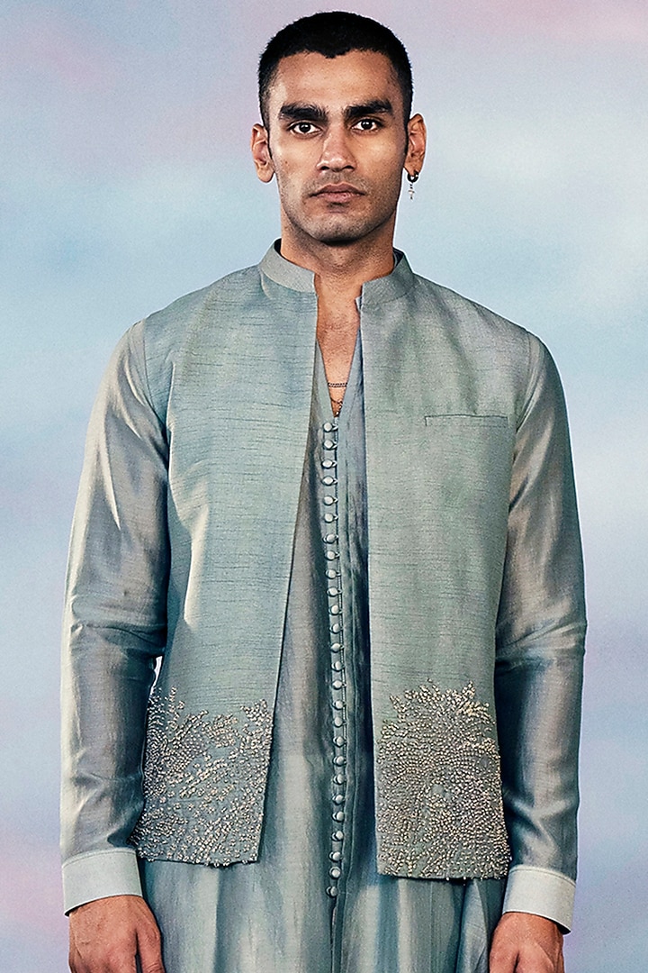 Metal Blue Viscose Dupion Embroidered Jacket Set by Rohit Gandhi & Rahul Khanna Men at Pernia's Pop Up Shop