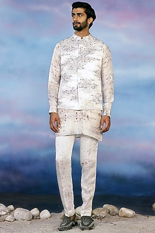 Multi-Colored Bemberg Satin Printed & Thread Hand Embroidered Bundi Jacket Set by Rohit Gandhi & Rahul Khanna Men